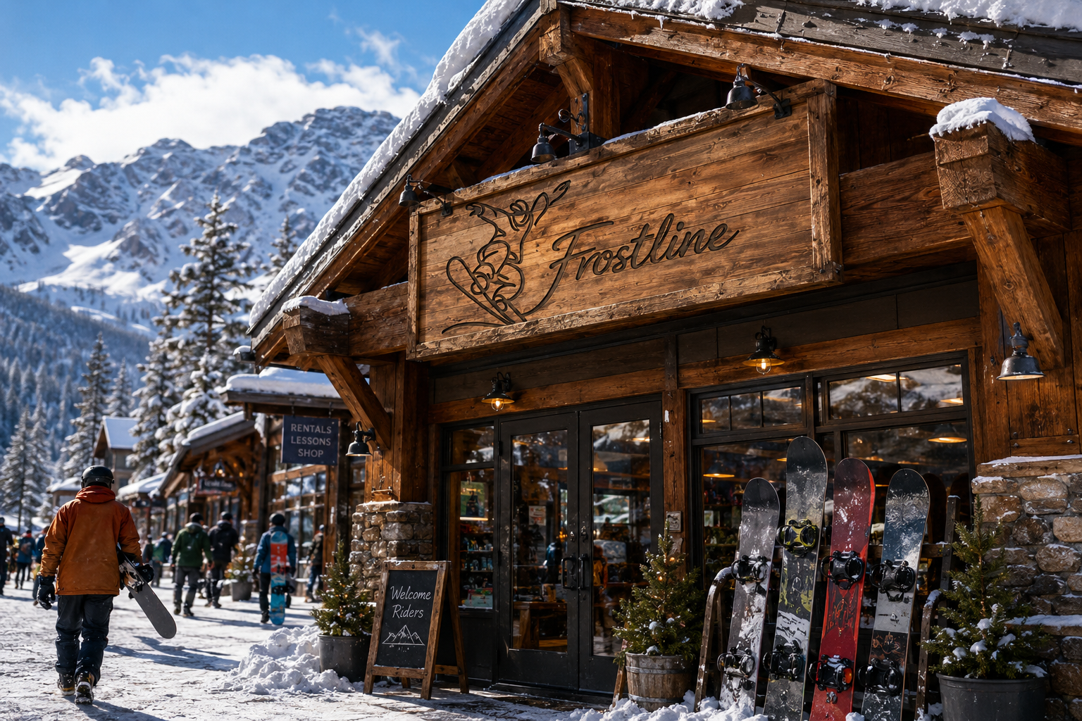Café interior with panoramic window facing snowy mountains
